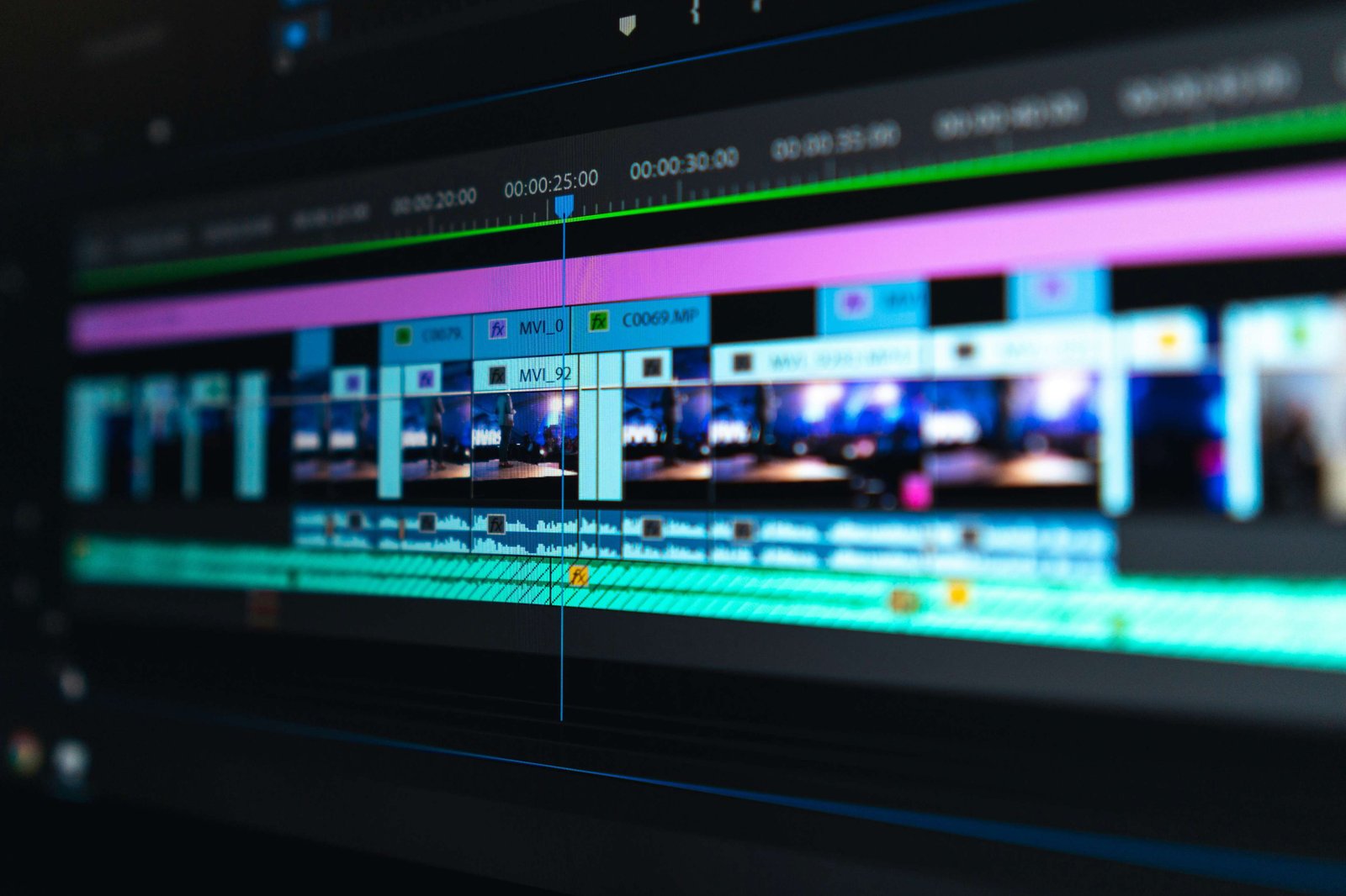 Film editing timeline on a monitor